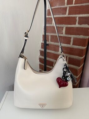 Guess Cream Pebbled Leather Shoulder Bag with Heart Charm